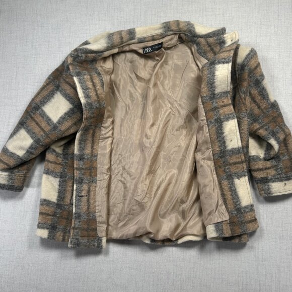 Zara Plaid Wool Blend Overshirt Jacket Brown Cream Button-Down Pockets Size XXL - Picture 5 of 14